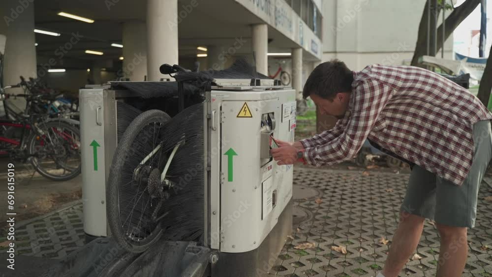 Vidéo Stock Male cyclist washes cycle in automatic bike shower with