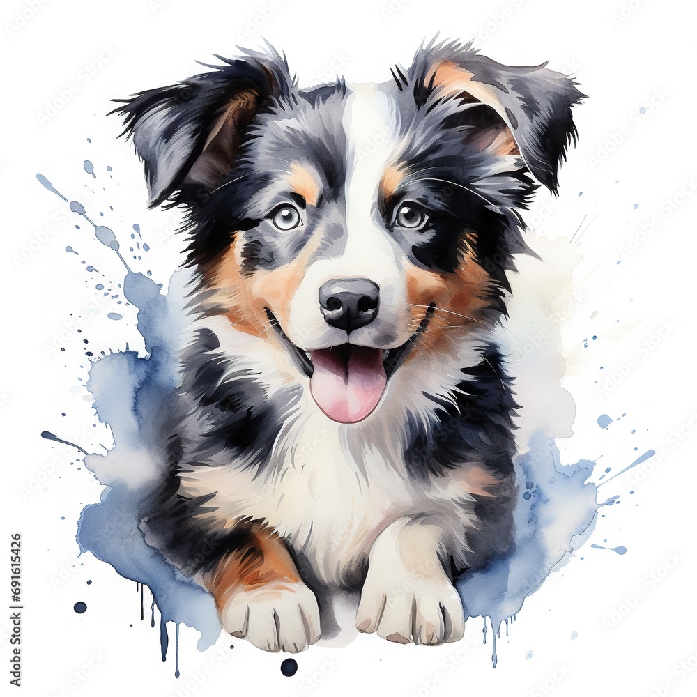 Whimsical Wonder Adorable Border Collie Puppy in Watercolor Style, a Charming Portrait of Playfulness and Intelligence. created with Generative AI
