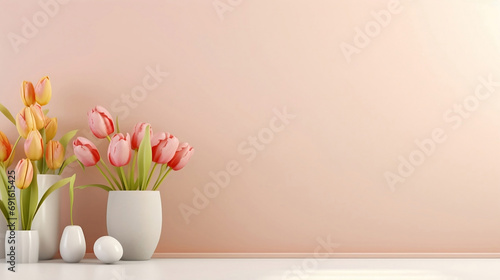 Empty white rectangle poster mockup with spring pastel purple background with tulip flowers. Flat lay, top view minimal pedestal for beauty, cosmetic product presentation