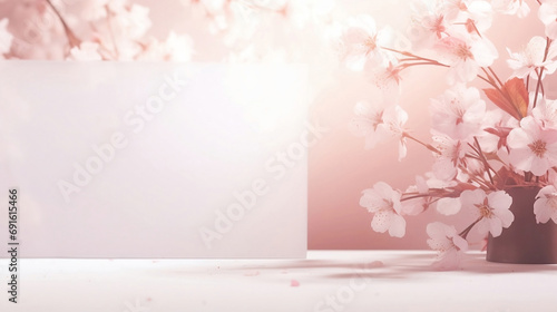 Empty white rectangle poster mockup with spring flowering tree branch with white flowers on pastel beige background. Flat lay, top view minimal pedestal for beauty, cosmetic product presentation #691615466
