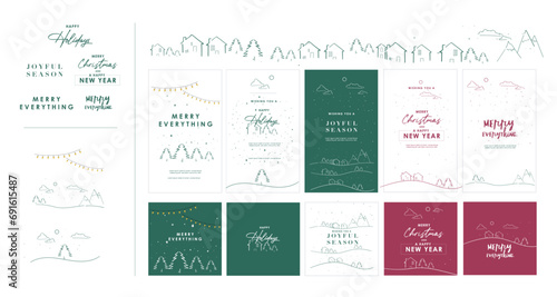 hand drawn vector illustration of a set of elements and icons_ christmas, new year, snow, winter greetings for family, friends and corporate message. Heartwarming drawings 