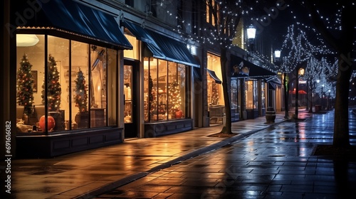 As night falls, a captivating ambiance envelops the storefronts, their illumination creating a glowing allure that beckons passersby, inviting them to explore the enchanting world within. 
