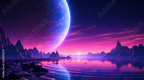 Synthwave Horizons Science Fiction Space Landscape with a Large Blue Planet  Purple Wavy Surface  Cyberpunk 3D Graphics on a Wide Night Banner Background. created with Generative AI