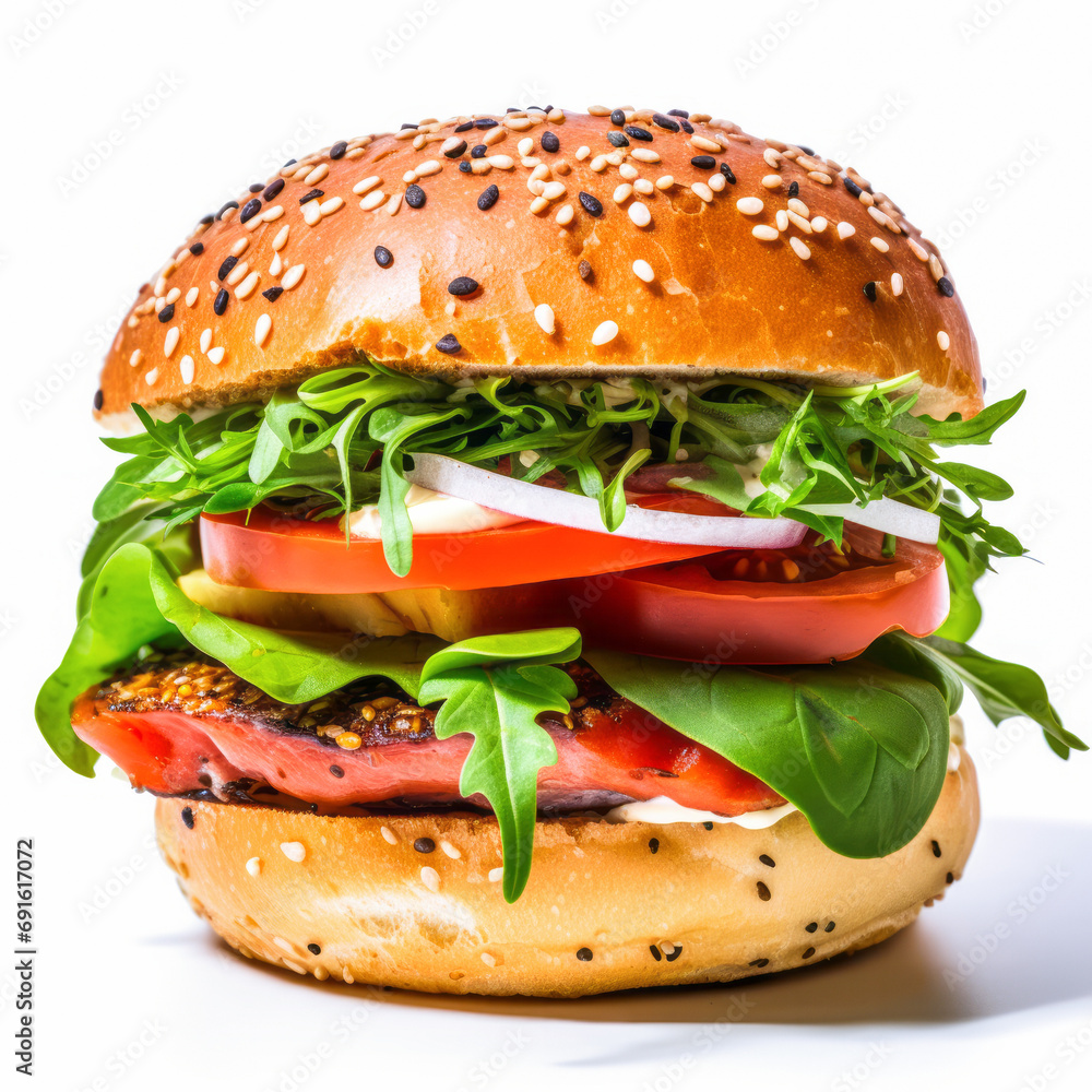 A mouth-watering chicken burger with fresh lettuce, tomatoes, onions, and sauce, all in a sesame seed bun.
A mouth-watering chicken burger with fresh lettuce, tomatoes, onions, and sauce, all in a sesame seed bun.