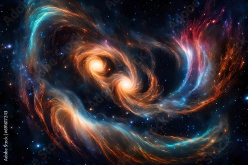 Galaxies swirling in a cosmic dance, captured in a vivid snapshot under the cosmic lights