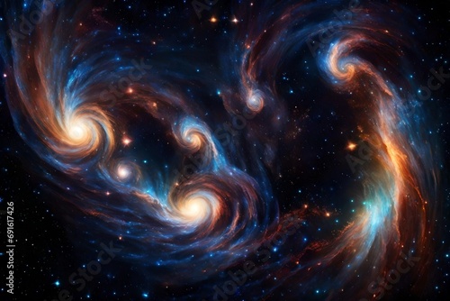 Galaxies swirling in a cosmic dance, captured in a vivid snapshot under the cosmic lights