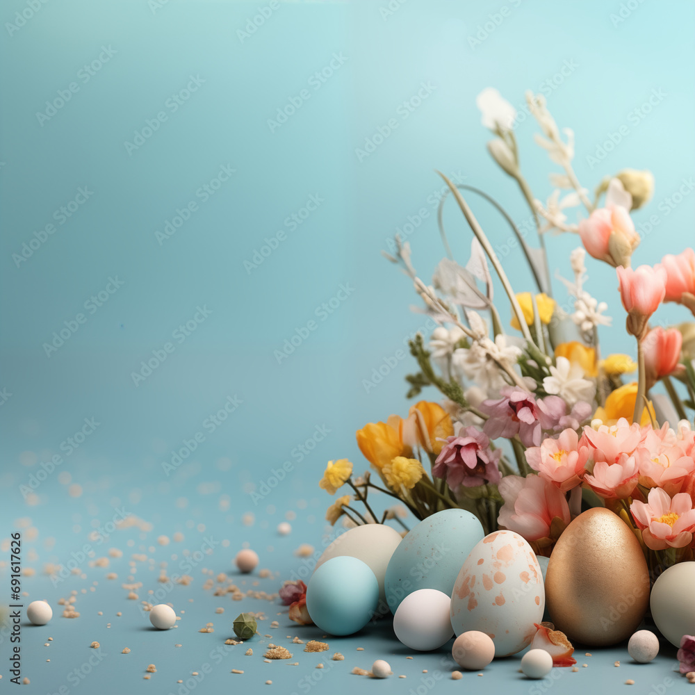 easter eggs and flowers light blue