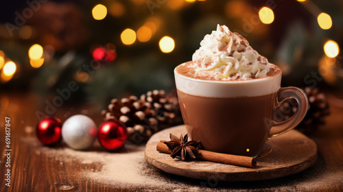 illustration of a cup with hot chocolate and cream on top beside christmas decoration