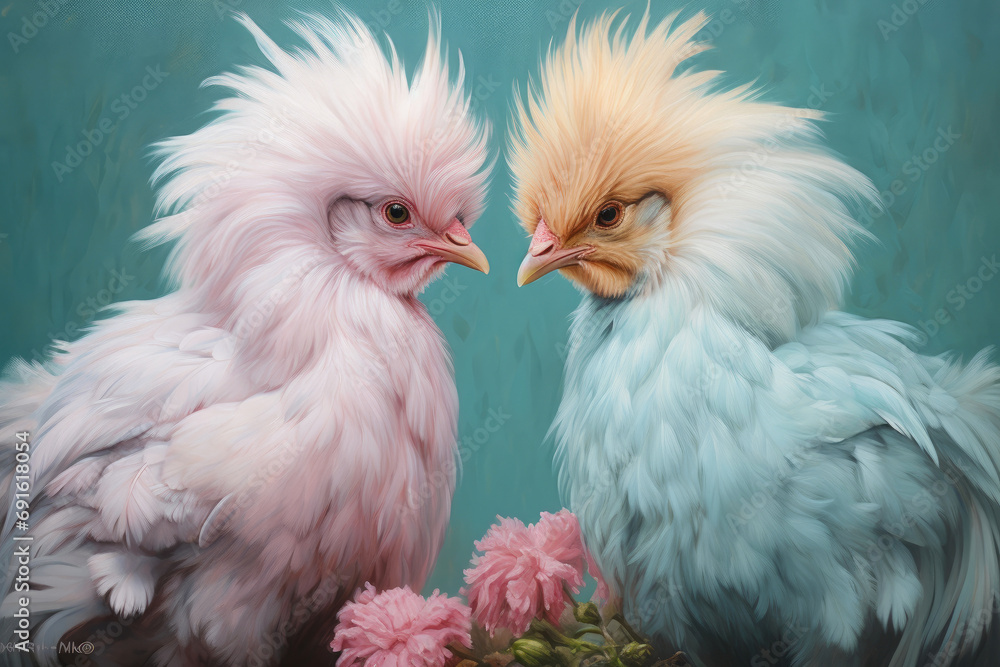 Chirpy Love: Pastel Pink and Teal Chicks in a Heart Moment