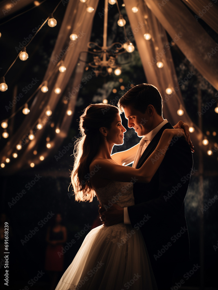 A Photo Of A Couple's First Dance At Their Wedding Under A Canopy Of Lights