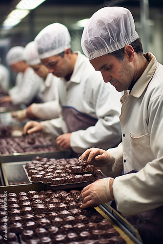 Professional men work on a conveyor belt in a confectionery factory with chocolate