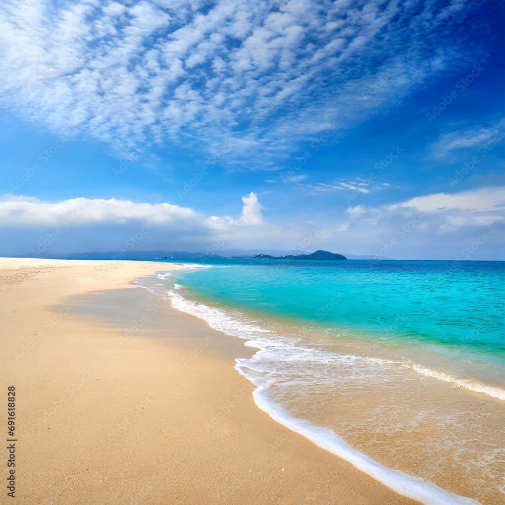 Beautiful sandy beach with white sand and rolling calm wave of turquoise ocean on Sunny day 
