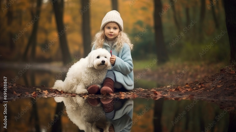 Little girl playing with her dog outdoors Little girl playing with her dog outdoors