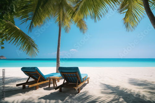 Two luxury sun loungers on a tropical white sand beach photo