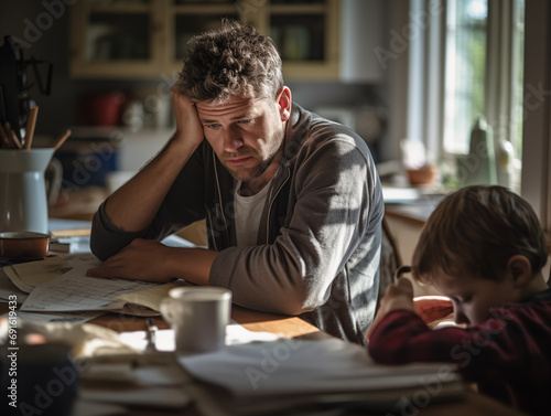 Stressed out Dad sitting at kitchen table with young son surrounded by unpaid bills