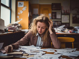 Young woman stressed out, tired and overwhelmed sitting at a table strewn with papers