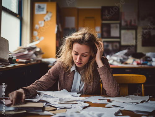 Young woman stressed out, tired and overwhelmed sitting at a table strewn with papers