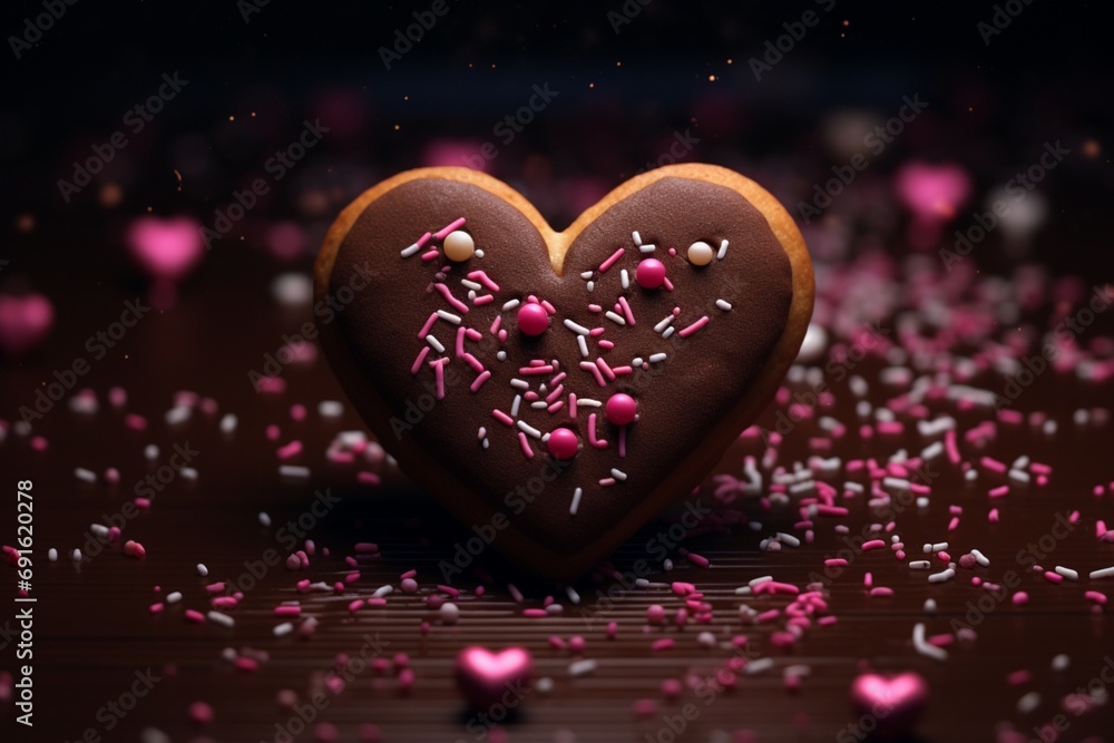 A heart-shaped cookie surrounded by sprinkles on a chocolate background. treat