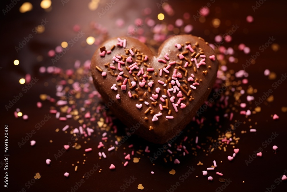 A heart-shaped cookie surrounded by sprinkles on a chocolate background. treat