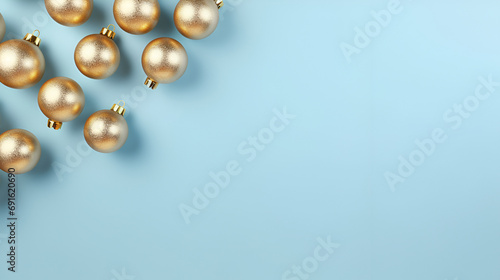 Golden Christmas balls on light blue background. Generated AI