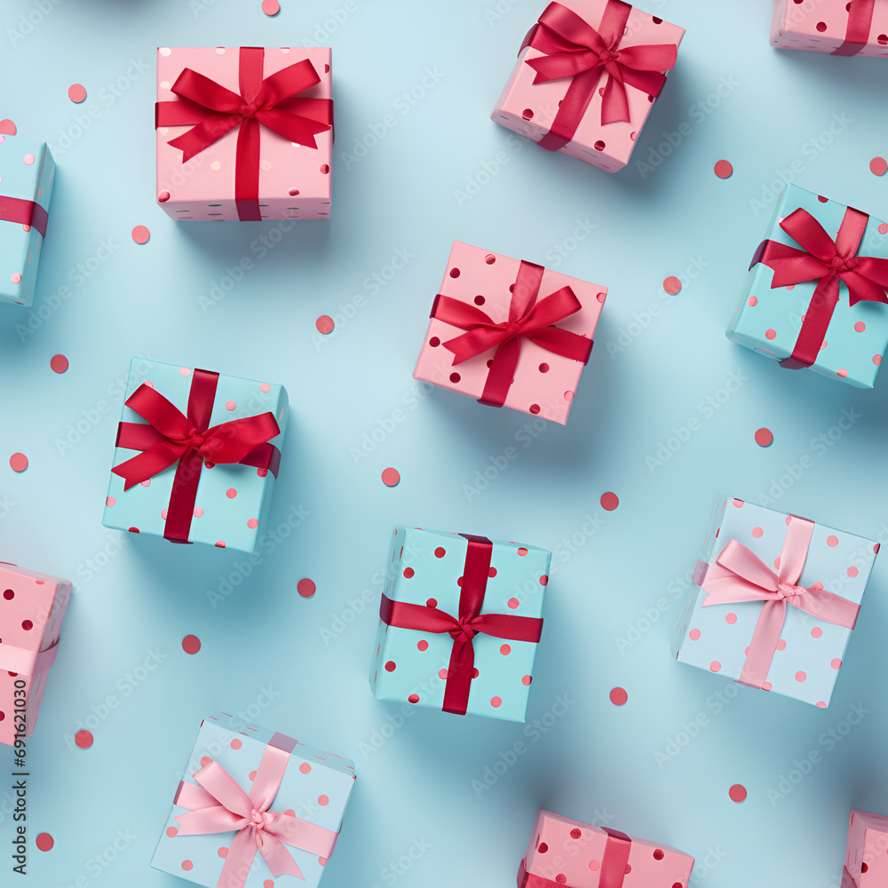 Many small red pink gift boxes on pastel blue background. Generated AI Many small red pink gift boxes on pastel blue background. Generated AI