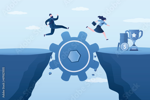 Business people running over abyss using giant gear. Complete task, overcoming obstacles. Analyze problem to find business solution to solve problem, leadership,