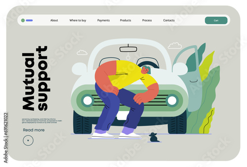 Mutual Support: Adopting a stray animal -modern flat vector concept illustration of man stopping his car for a kitten on the road A metaphor of voluntary, collaborative exchanges of resource, services