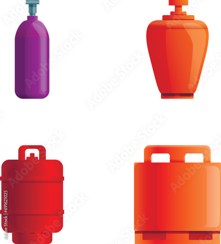 Gas cylinder icons set cartoon vector. Different type of gas bottle. Industrial liquefied compressed oxygen, petroleum and propane