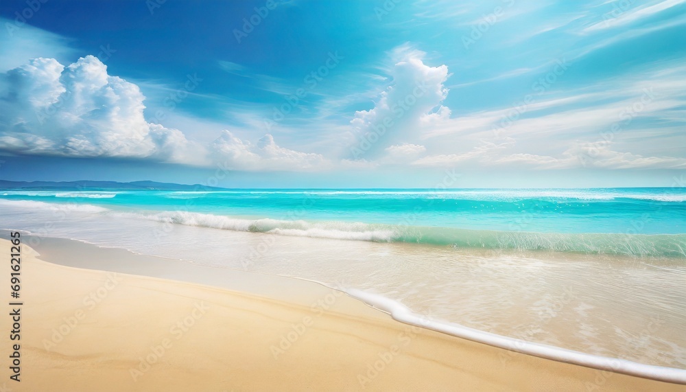 Fototapeta premium Beautiful sandy beach with white sand and rolling calm wave of turquoise ocean on Sunny day