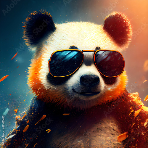 Baby Panda Looking Adorably in Front. Cool panda with glasses, illustration for social networks or magazine, close-up picture of a panda. A lot of colors