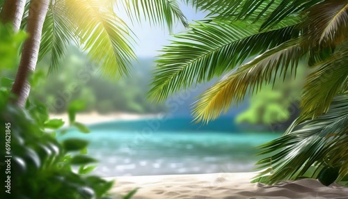 Beautiful jungle beach lagoon view  palm trees and tropical leaves  can be used as background