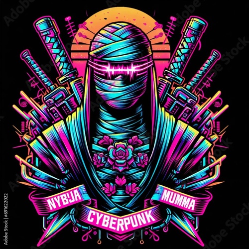 Cyberpunk ninja mummy neon colored t-shirt print  created by AI