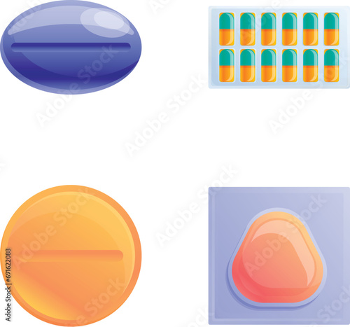 Various meds icons set cartoon vector. Pill and capsule blister. Treatment, healthcare concept