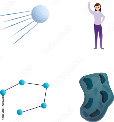 Astrophysics research icons set cartoon vector. Meteorite satellite scientist. Science, space