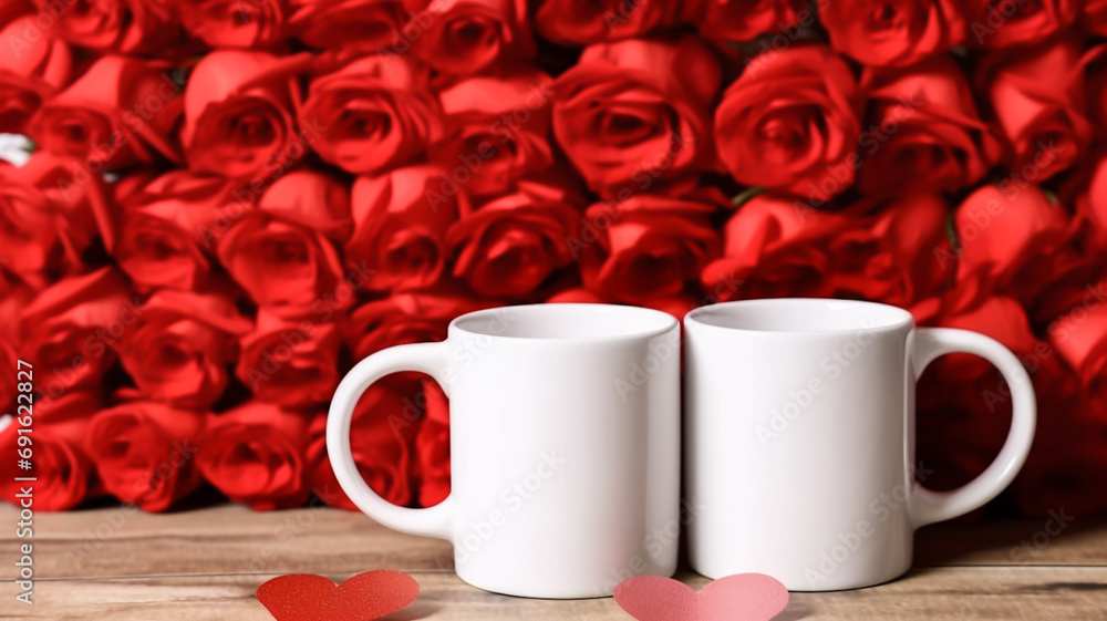 Valentine's Day Bliss: Large Bouquet of Red Roses and Two White Cups