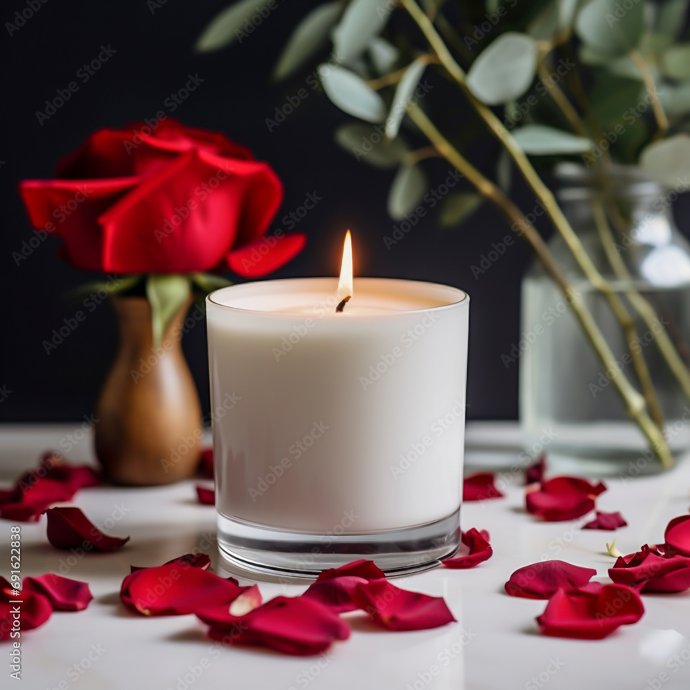 red rose and candle on the table