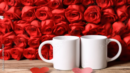 Obraz na płótnie Valentine's Day Bliss: Large Bouquet of Red Roses and Two White Cups w salonie