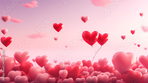 Obraz na płótnie Valentine's Day Card with Red Heart-shaped Balloons in Flight w salonie
