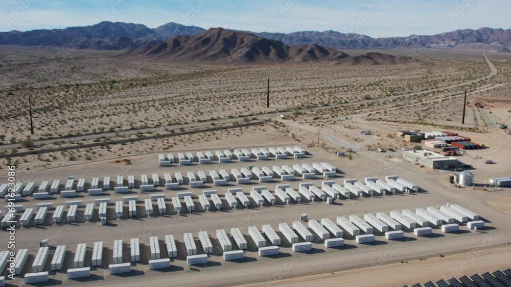 White battery power storage array battery units at a large solar power ...