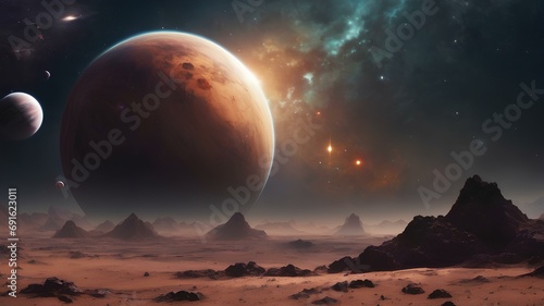 Fictional image of a planet in a colorful landscape of space full of solar clouds and shiny stars