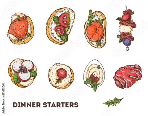 Finger food set. Hand drawn vector illustration. Brushetta set. Dinner starters. Variety of small sandwiches. Snack collection.