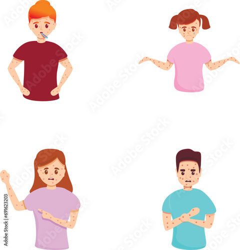 Sick people icons set cartoon vector. People with itchy blistered skin. Viral disease, illness