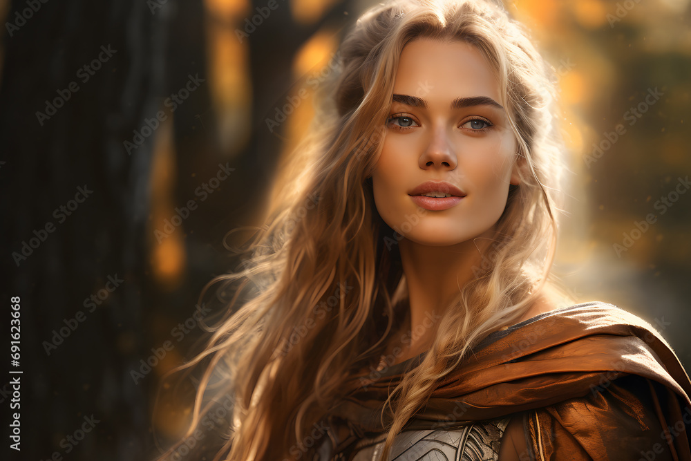 Fototapeta premium Beautiful young woman with long hair and fantasy or medieval style attire. Realistic portrait of goddess from Nordic mythology