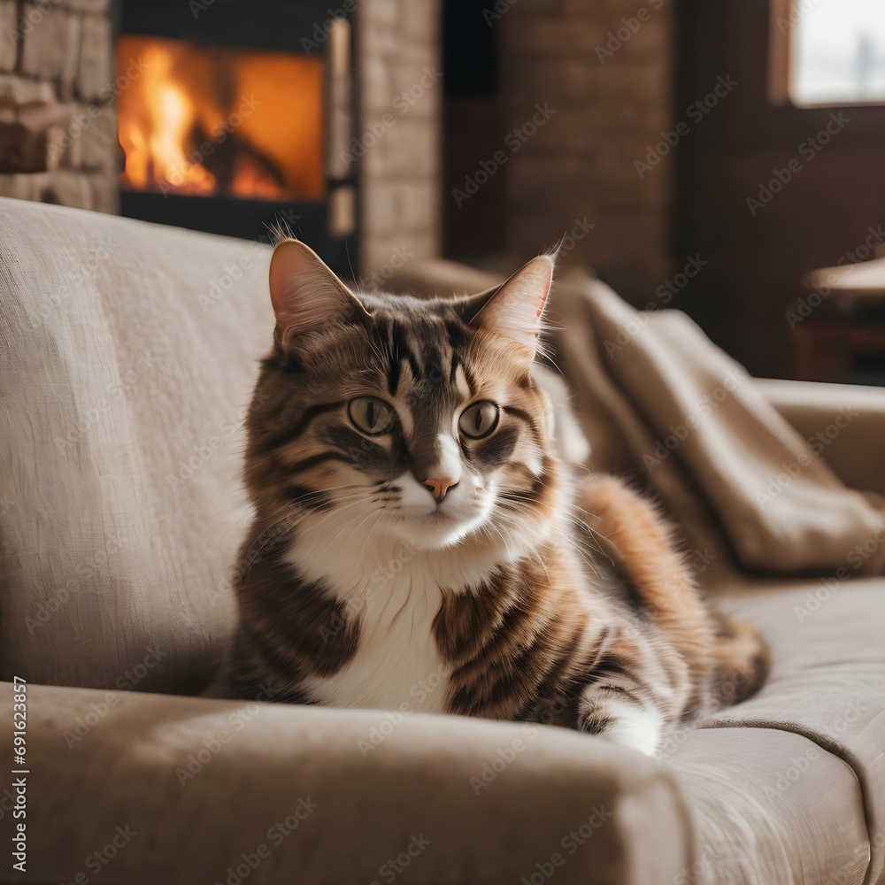 Cozy Home A cat lounging on a comfortable sofa or curled up by a fireplace in a cozy living room
