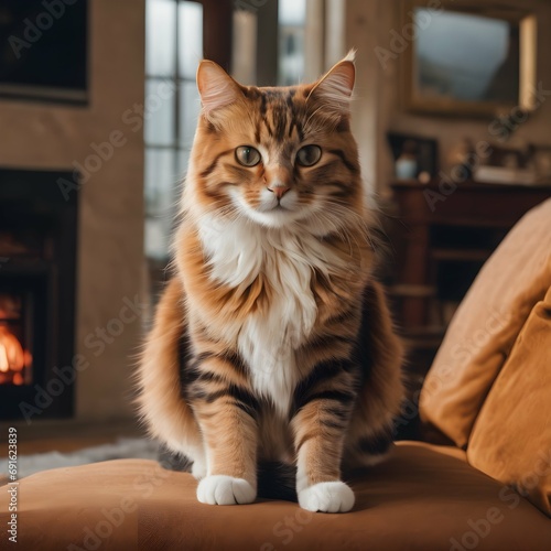 Cozy Home A cat lounging on a comfortable sofa or curled up by a fireplace in a cozy living room © don