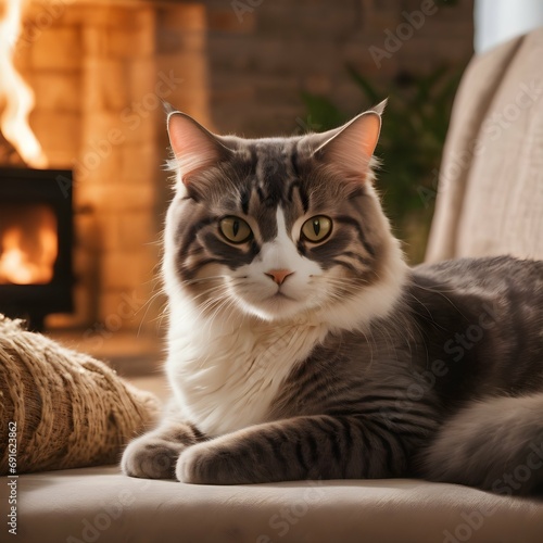 Cozy Home A cat lounging on a comfortable sofa or curled up by a fireplace in a cozy living room © don