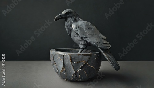 Statue eines Raben / Krähe auf einer Tasse aus Stein vor dunklem schwarzen Hintergrund photo