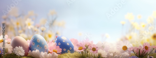 Easter eggs and flowers with empty space for text or saying photo