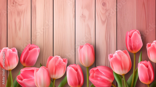 Wooden brown background banner with copy space for text and several tulip flowers. For Mother's Day, March 8 international Women's Day, birthday, Spring Easter Holiday Concept. Copy space.