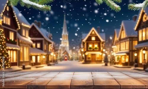 christmas table in the city. Empty wooden table top with blurry Christmas town and snowfall background. Christmas holiday background.